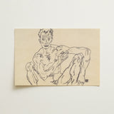 Nude Self Portrait - Egon Schiele Fine Art Print / Canvas Black Ink Line Beige Paper Depicts Muscular Schiele’s, Self-portrait Hisses,