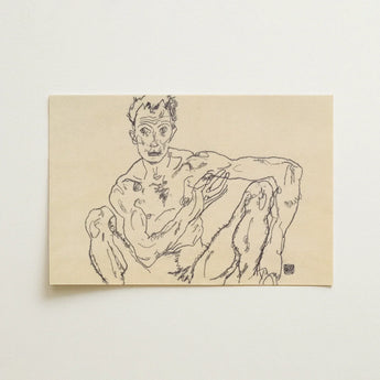 Nude Self Portrait - Egon Schiele Fine Art Print / Canvas Black Ink Line Beige Paper Depicts Muscular Schiele’s, Self-portrait Hisses,