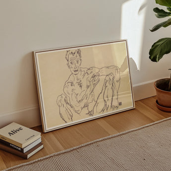 Nude Self Portrait - Egon Schiele Fine Art Print / Canvas Framed Line Seated Figure Black Ink Cream-colored Paper Schiele’s, Self-portrait