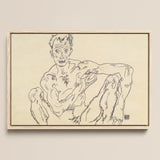 Nude Self Portrait - Egon Schiele Fine Art Print / Canvas Minimalist Line Seated Figure Light Wood Frame Schiele’s, Self-portrait Hisses,