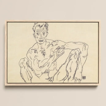Nude Self Portrait - Egon Schiele Fine Art Print / Canvas Minimalist Line Seated Figure Light Wood Frame Schiele’s, Self-portrait Hisses,