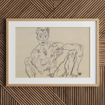 Nude Self Portrait - Egon Schiele Fine Art Print / Canvas Wooden Framed Sketch Male Figure Cream-colored Paper Schiele’s, Self-portrait