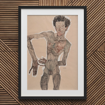 Autorretrato desnudo haciendo muecas - Lámina artística de Egon Schiele / Lienzo, 16x24’’ / 41x61cm / Marco negro / Paspartú, Pósters, Impresiones y arte visual