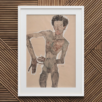 Autorretrato desnudo haciendo muecas - Lámina artística de Egon Schiele / Lienzo, 16x24’’ / 41x61cm / Marco blanco / Paspartú, Pósters, Impresiones y arte visual