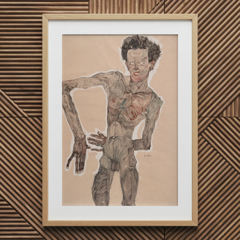 Autorretrato desnudo haciendo muecas - Lámina artística de Egon Schiele / Lienzo, 16x24’’ / 41x61cm / Marco natural / Paspartú, Pósters, Impresiones y arte visual