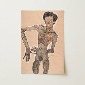 Nude Self-portrait Grimacing - Egon Schiele Art Print / Canvas, 12x18’’ / 31x46cm / Unframed / no Border, Posters Prints & Visual Artwork,