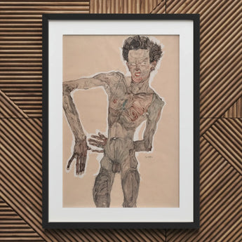 Nude Self-portrait Grimacing - Egon Schiele Art Print / Canvas Black Framed Sketch Male Figure Detailed Anatomy, Austrian Winter Prints