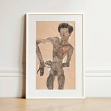 Nude Self-portrait Grimacing - Egon Schiele Art Print / Canvas Framed Artwork Figure Expressive Distorted, Austrian Winter Prints