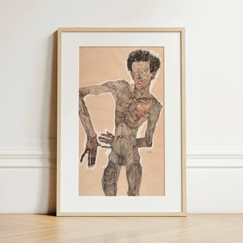 Nude Self-portrait Grimacing - Egon Schiele Art Print / Canvas Framed Artwork Figure Expressive Distorted, Austrian Winter Prints