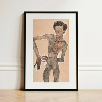 Nude Self-portrait Grimacing - Egon Schiele Art Print / Canvas Framed Gaunt Expressive Figure Muted Earth, Austrian Winter Prints