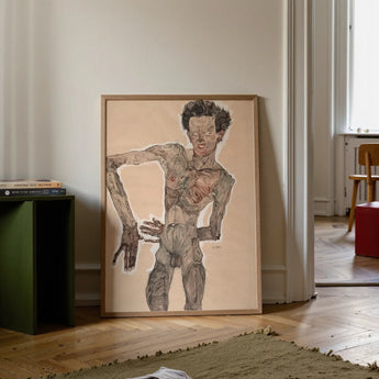 Nude Self-portrait Grimacing - Egon Schiele Art Print / Canvas Framed Muscular Gaunt Figure Dark Hair, Austrian Winter Prints