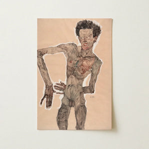 Nude Self-portrait Grimacing - Egon Schiele Art Print / Canvas Hauntingly Detailed Lithograph Gaunt Emaciated Figure Dark Curly, Austrian