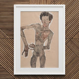 Nude Self-portrait Grimacing - Egon Schiele Art Print / Canvas White Framed Sketch Man Motion Beige Background, Austrian Winter Prints