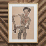 Nude Self-portrait Grimacing - Egon Schiele Art Print / Canvas Wooden Framed Sketch Human Figure Tattoos Expressive Face, Austrian Winter