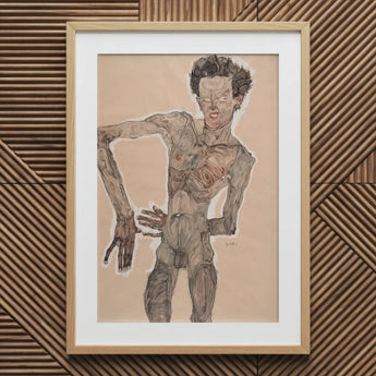 Nude Self-portrait Grimacing - Egon Schiele Art Print / Canvas Wooden Framed Sketch Human Figure Tattoos Expressive Face, Austrian Winter