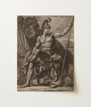 Monochromatic Engraved Print Muscular Nude Male Warrior Classical Soldier, Elisha Kirkall, Sits, Louis Cheron Art, Borrowed War