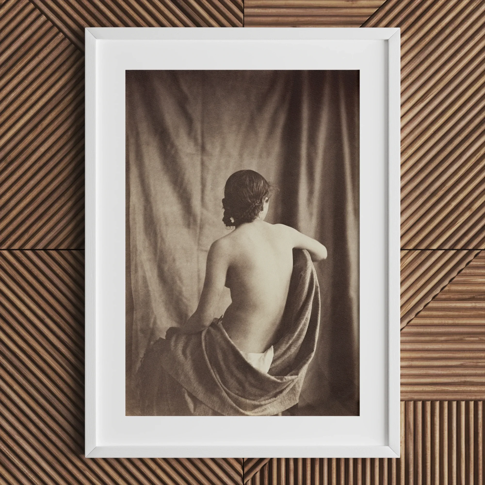 Nude Study - Jean Louis Marie Eugene Durieu Art Print, Framed Sepia Photograph Person’s Bare Draped Fabric
