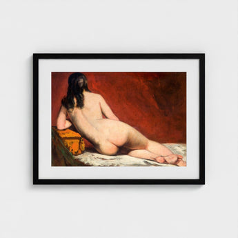 Nude Study of a Reclining Woman - William Etty Art Print / Canvas, Dark Hair Spilling, Yellow Casket Dressed, Rose Madder Marry, Vermillion