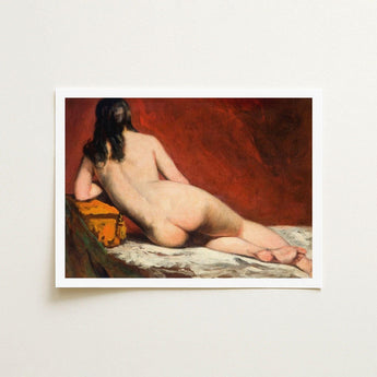 Nude Study of a Reclining Woman - William Etty Art Print / Canvas, Dark Hair Spilling, Yellow Casket Dressed, Rose Madder Marry, Vermillion