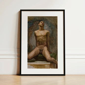 Nude Study of Thomas e Mckeller - John Singer Sargent Art Print / Canvas Framed Painting Male Figure Classical Style Rendered Kneels,