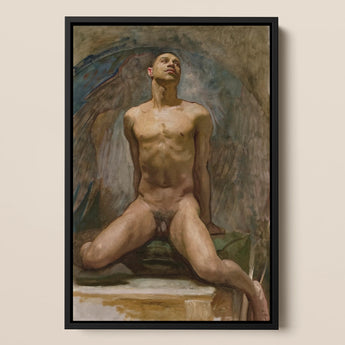 Nude Study of Thomas e Mckeller - John Singer Sargent Art Print / Canvas Framed Painting Male Figure Detailed Wings Earthy Kneels, Inside,