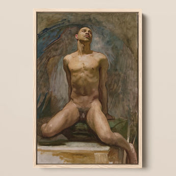 Nude Study of Thomas e Mckeller - John Singer Sargent Art Print / Canvas Framed Oil Painting Male Figure Wings Rendered Kneels, Inside,