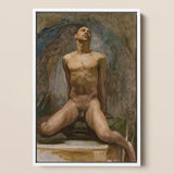 Nude Study of Thomas e Mckeller - John Singer Sargent Art Print / Canvas Framed Oil Painting Male Figure Wings Rendered Kneels, Inside,