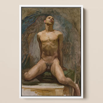 Nude Study of Thomas e Mckeller - John Singer Sargent Art Print / Canvas Framed Oil Painting Male Figure Wings Rendered Kneels, Inside,