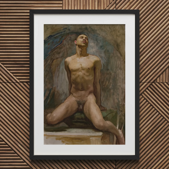 Nude Study of Thomas e Mckeller - John Singer Sargent Art Print / Canvas Black-framed Artwork Classical Painting Male Figure Wings Kneels,