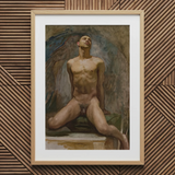 Nude Study of Thomas e Mckeller - John Singer Sargent Art Print / Canvas Framed Painting Male Figure Wings Rendered Earthy Kneels, Inside,