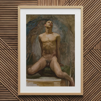 Nude Study of Thomas e Mckeller - John Singer Sargent Art Print / Canvas Framed Painting Male Figure Wings Rendered Earthy Kneels, Inside,