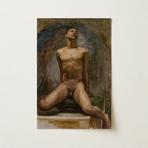 Nude Study of Thomas e Mckeller - John Singer Sargent Art Print / Canvas Rectangular Oil Painting Male Figure Detailed Wings Kneels,