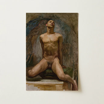 Nude Study of Thomas e Mckeller - John Singer Sargent Art Print / Canvas Rectangular Oil Painting Male Figure Detailed Wings Kneels,