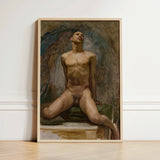 Nude Study of Thomas e Mckeller - John Singer Sargent Art Print / Canvas Framed Painting Male Figure Wings Rendered Earthy Kneels, Inside,
