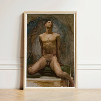 Nude Study of Thomas e Mckeller - John Singer Sargent Art Print / Canvas Framed Oil Painting Male Figure Wings Rendered Kneels, Inside,