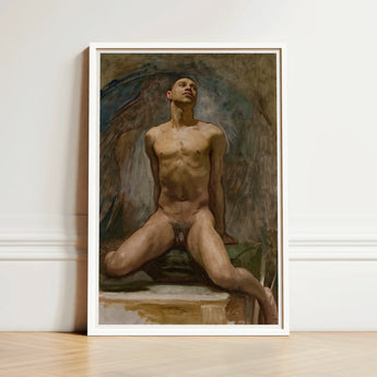 Nude Study of Thomas e Mckeller - John Singer Sargent Art Print / Canvas Framed Painting Male Figure Wings Rendered Earthy Kneels, Inside,