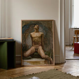 Nude Study of Thomas e Mckeller - John Singer Sargent Art Print / Canvas Framed Oil Painting Male Figure Wings Rendered Kneels, Inside,