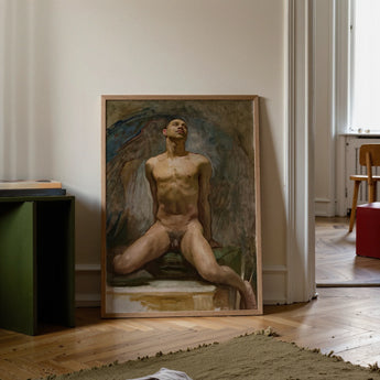 Nude Study of Thomas e Mckeller - John Singer Sargent Art Print / Canvas Framed Oil Painting Male Figure Wings Rendered Kneels, Inside,