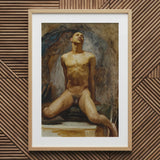 Nude Study of Thomas e Mckeller - John Singer Sargent Art Print / Canvas Framed Oil Painting Male Figure Wings Rendered Kneels, Inside,