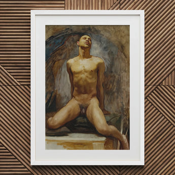 Nude Study of Thomas e Mckeller - John Singer Sargent Art Print / Canvas Framed Oil Painting Male Figure Wings Rendered Kneels, Inside,