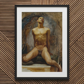 Nude Study of Thomas e Mckeller - John Singer Sargent Art Print / Canvas Framed Painting Male Figure Wings Rendered Warm Kneels, Inside,