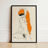 Nude with Orange Drapery - Egon Schiele Art Print / Canvas Framed Artwork Stylized Figure Bold Accents, Entices, Raw Sensuality Prints