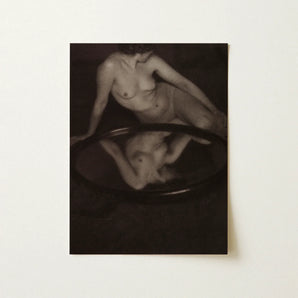 Nude Woman with Mirror - Clarence H. White Art Print / Canvas Monochromatic Painting Figure Reflection Dark Circular Basin 20th-century
