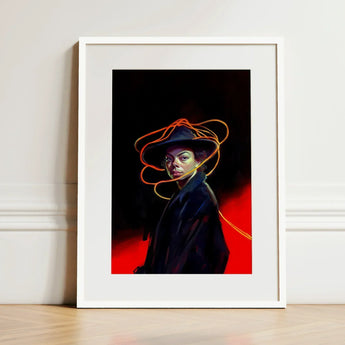 Nyx - Gay Witch Art Print / Canvas Framed Portrait Woman Black Hat Orange Light Trails, Universe Woven, Endless Shadows Prints