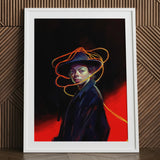 Nyx - Gay Witch Art Print / Canvas Black Hat Neon Orange Swirls White Frame, Universe Woven, Endless Shadows Prints