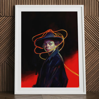 Nyx - Gay Witch Art Print / Canvas Black Hat Neon Orange Swirls White Frame, Universe Woven, Endless Shadows Prints