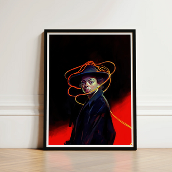 Framed Digital Artwork Woman Dark Hat Coat Orange Gay Witch Art, Universe Woven, Endless Shadows