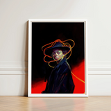 Framed Portrait Woman Dark Hat Coat Surrounded Orange Gay Witch Art, Universe Woven, Endless Shadows