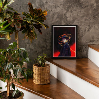 Nyx - Gay Witch Art Print / Canvas Framed Portrait Figure Hat Red Background, Universe Woven, Endless Shadows Prints