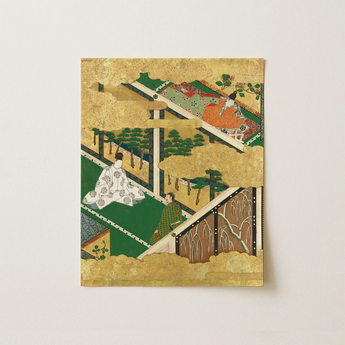 Traditional Japanese Gold-leafed Painting Figures Ornate Robes Tiered Oak Tree, Tosa Mitsuyoshi, Art Print, Gold Clouds Drift, Yamato-e